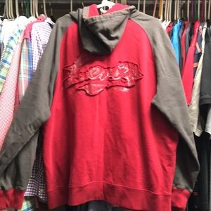 Levi’s hoodie in deep red and a dark brownish grey
